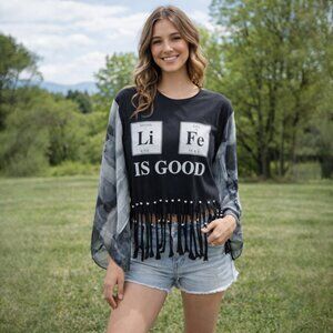 Upcycled T Shirt Poncho Handknotted Beaded Fringe XL Black Gray Life is Good
